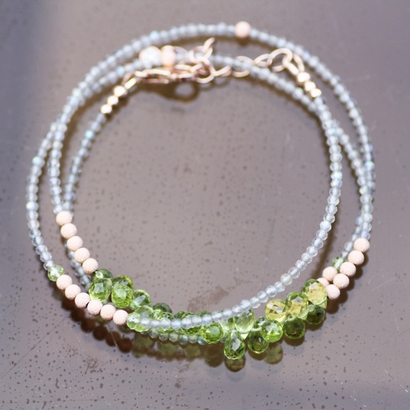 14k Rose Gold Filled Labradorite Peridot Wrap Bracelet Convertible Necklace - Picture 1 of 11
